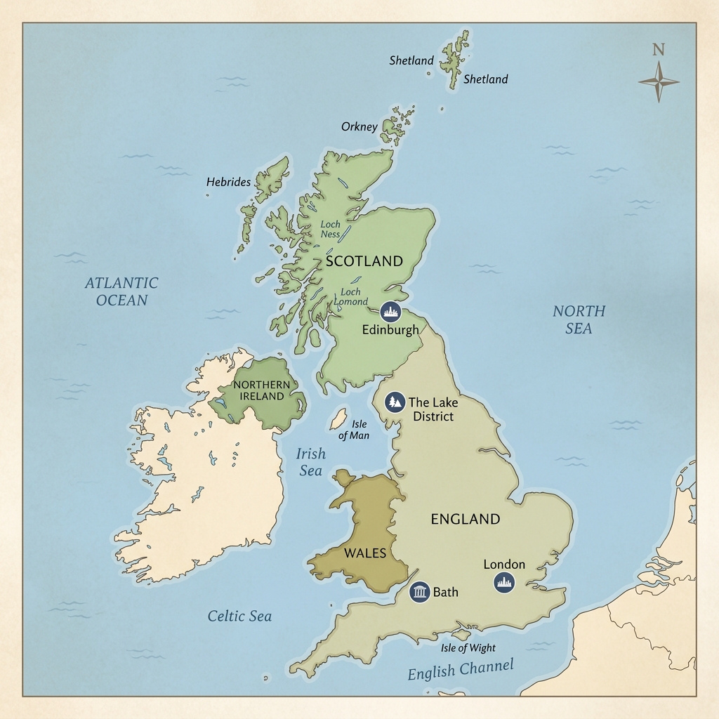 Map of the United Kingdom with clickable destination regions: Edinburgh, Lake District, London, and Bath